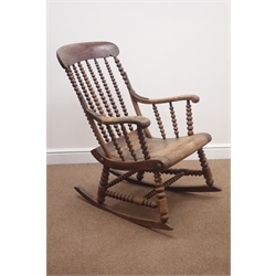  Victorian elm rocking chair, bobbin turned supports and stretchers  