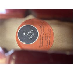 Two student half-size cellos - Boosey & Hawkes Artia with 65cm one-piece back and spruce top; bears maker's label; L104cm overall; and Romanian with 65.5cm two-piece maple back and ribs and spruce top; bears label; L108.5cm overall; each in soft carrying case with two bows (2)