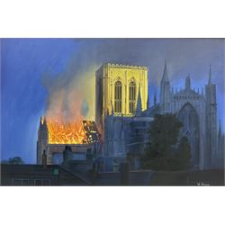 W Hague (British Contemporary): The York Minster Fire of 1984, oil on canvas signed 60cm x 90cm