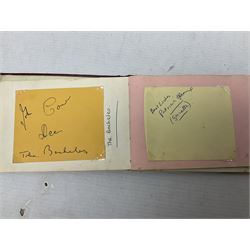 The Beatles - dis-bound personal autograph album containing numerous signatures of pop stars and entertainers, many on fragments of paper stuck down with sellotape, including secretarially signed The Beatles - Paul McCartney, Ringo Starr, John Lennon and George Harrison obtained at the Majestic Ballroom, Witham, Hull during their performance there either in October 1962 or February 1963; The Bachelors; Bert Weedon; The Rockin' Berries; Helen Shapiro; Dallas Boys; Frank Ifield; Ronnie Hilton; Norman Collier; Marty Wilde and many more.
Provenance: The vendor advises she was babysitter for the daughter of the owner of the Majestic Ballroom and was given the album in 1978. Presumably the owner obtained the secretarially signed signatures of The Beatles for his daughter along with other signatures of artists who also appeared there.