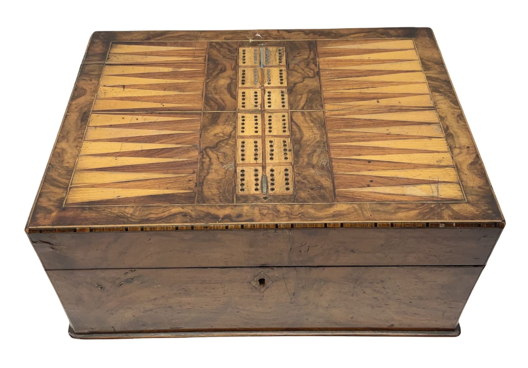 Victorian walnut sewing box, the hinged lid decorated with inlaid backgammon and cribbage board lifting to reveal lined compartmented interior with lift out tray