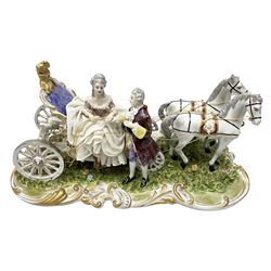 Capodimonte figure group of a horse drawn carriage with two horses pulling an open carriage with a male with dresden lace cuff and a female with full dresden lace skirt,  on a naturalistic base, H15.5cm