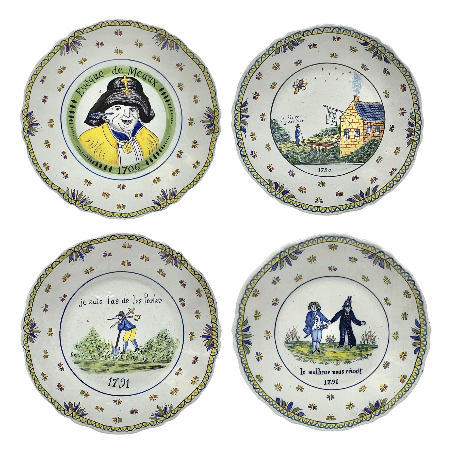 Four French Faience plates, comprising Je suis las de le porter, Le malheur nous reunit, Je desire y arriver and Eveque de Meaux, D24cm  