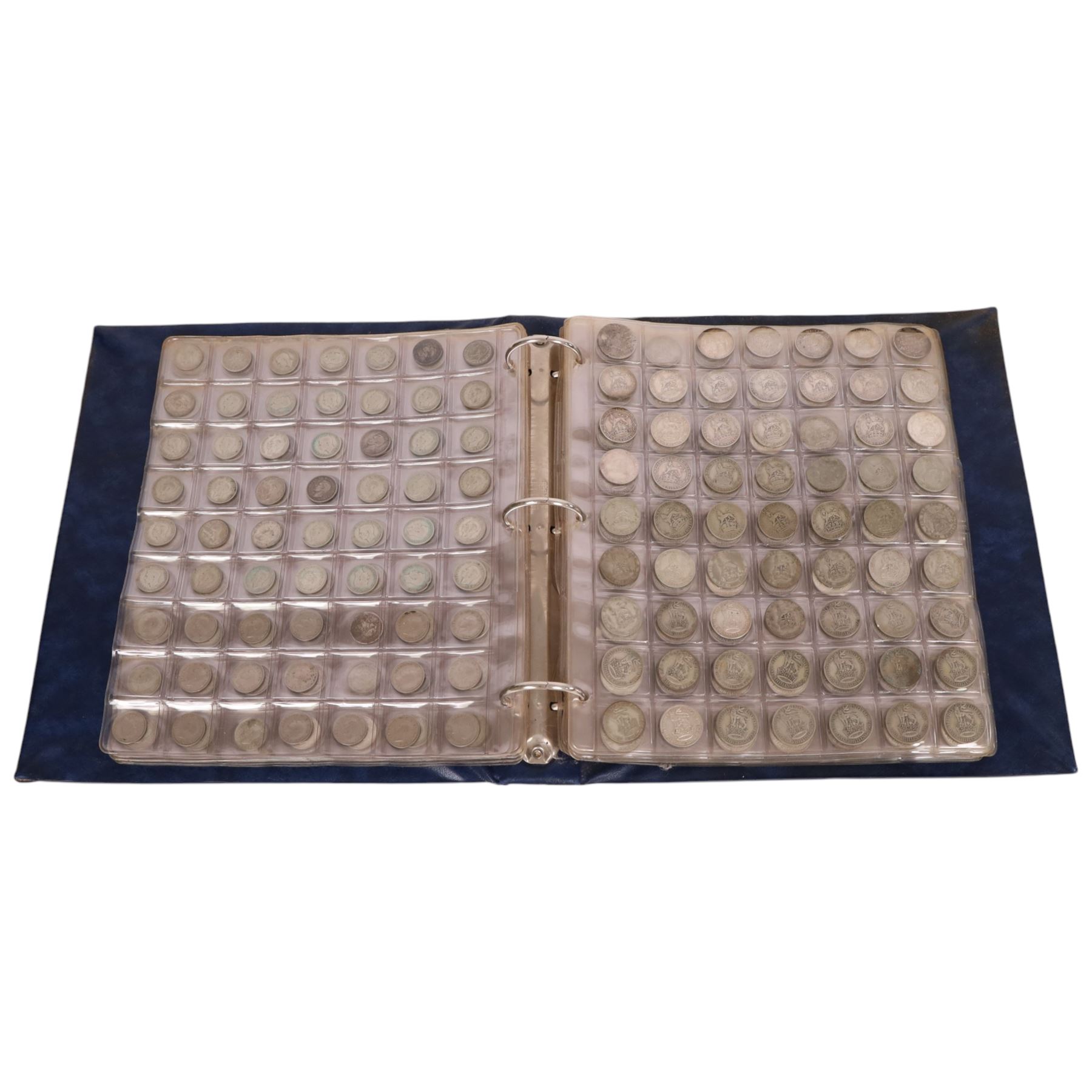 Great British pre-1920 and pre-1947 silver coins, including six pre-1920 and seventy-two pre-1947 half crowns, eight pre-1920 and forty-seven pre-1947 florins, nineteen pre-1920 and approximately one hundred pre-1947 shillings, etc, housed in a blue ring binder folder