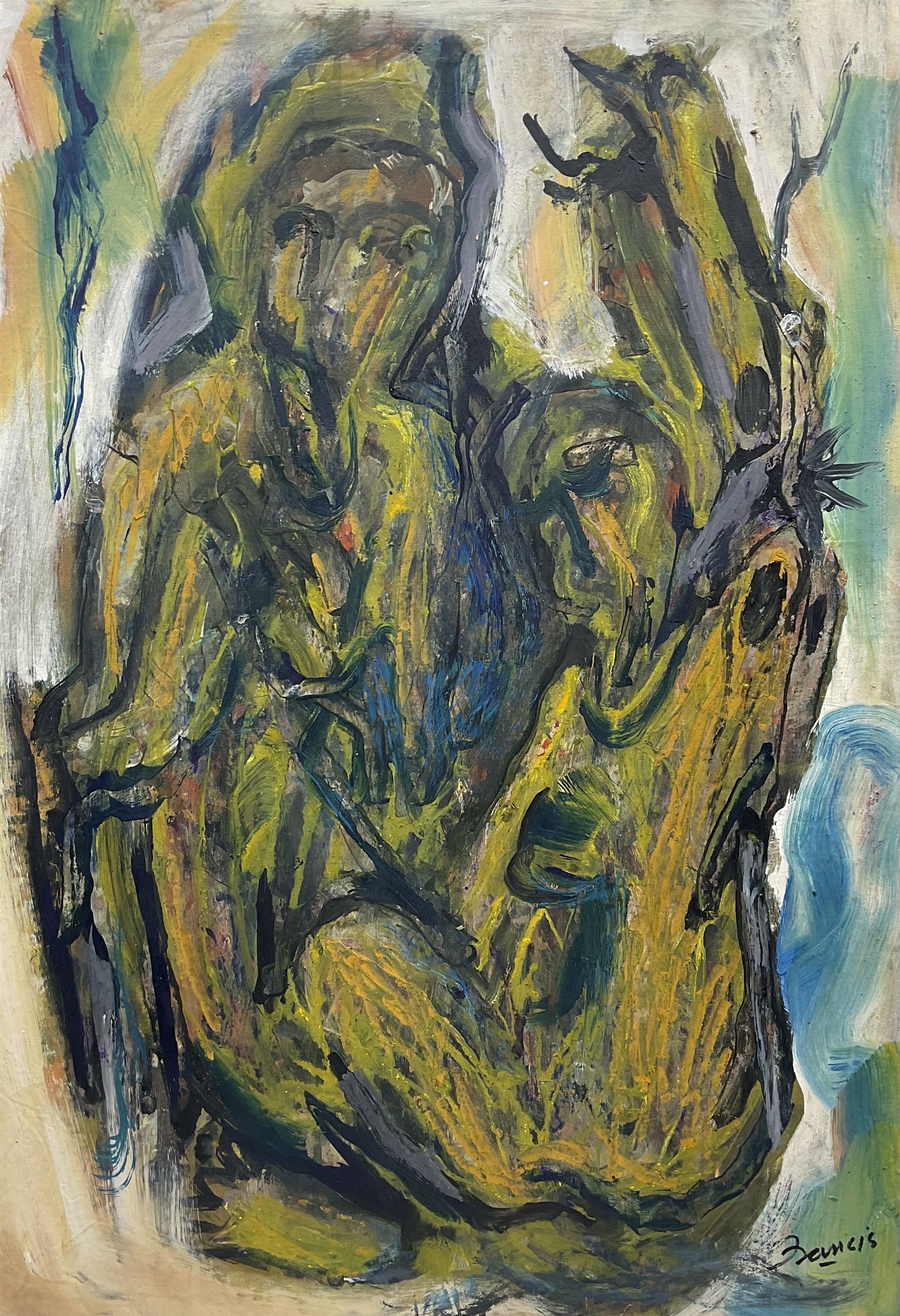 Francis Perera (Sri Lankan 1931-): 'Humanised Tree', oil on sail canvas signed and titled verso 82cm x 57cm (unframed) Notes: Perera a noted Sri Lankan artist has had many solo exhibitions both in his home country and overseas. He is a six time winner of the Presidential Award, represented Sri Lanka in Washington DC to commemorate the 50th anniversary of its independence, exhibited at the Royal Commonwealth Society in 2002, and at the 20th International Art Festival in Germany.