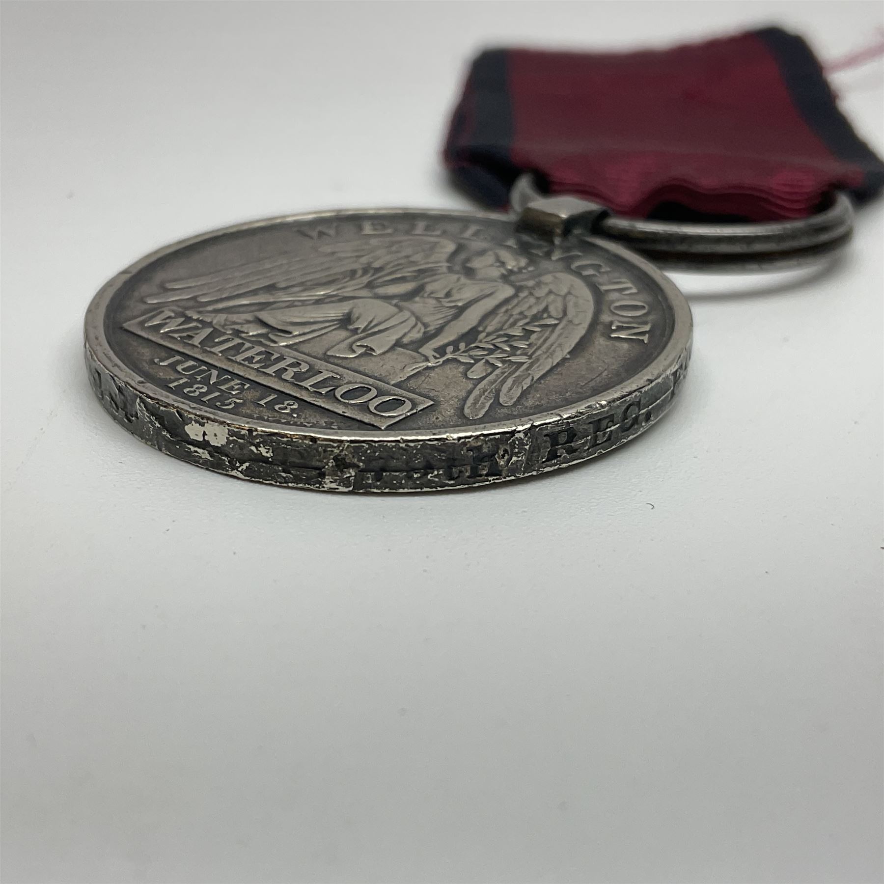 Copy of a Waterloo Medal named to William Rose, 1st Battalion, 79th Regiment of Foot with ribbon
