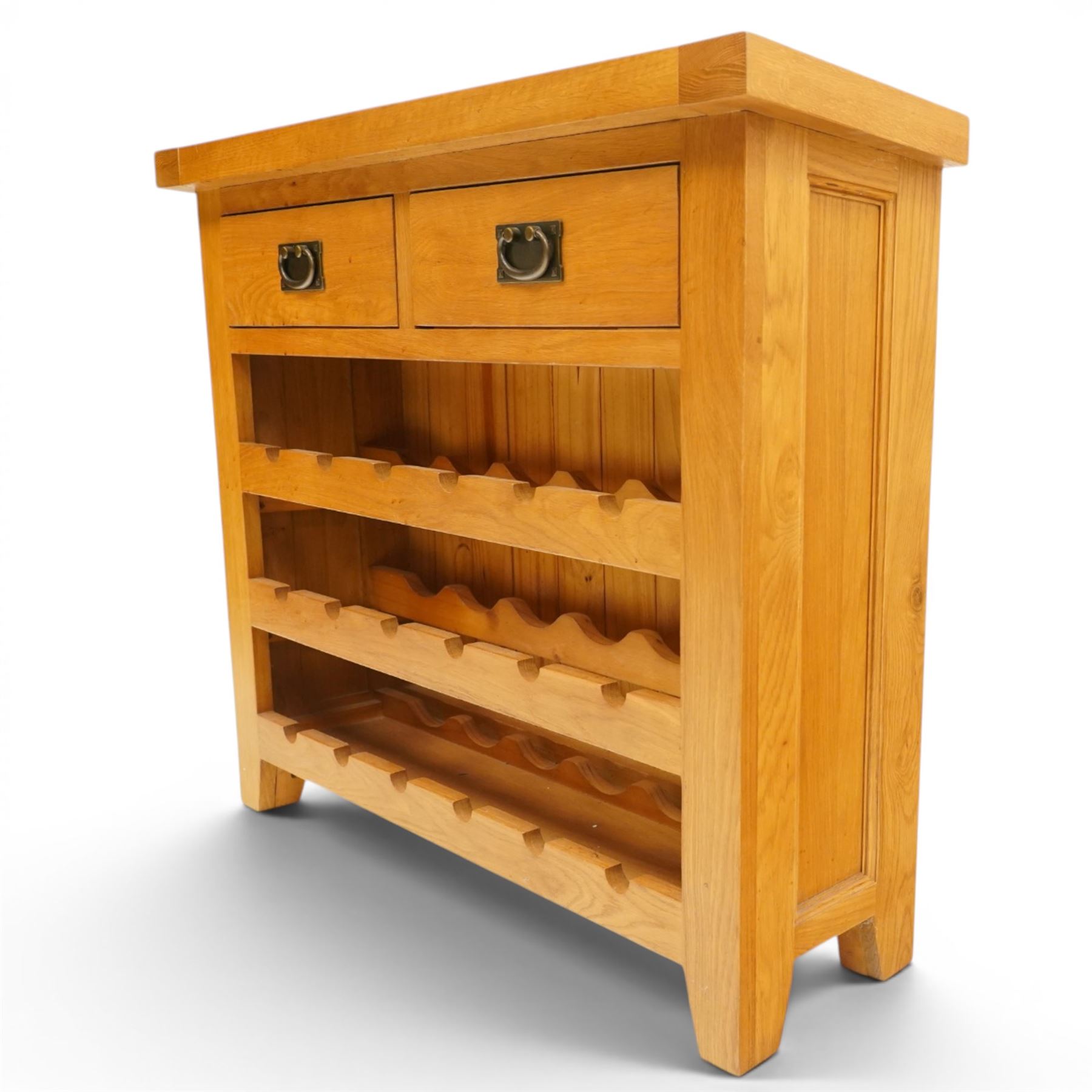 Contemporary solid oak wine rack console table, rectangular top fitted with two drawers, over a three-tier wine rack for twenty-four bottles, on square canted feet