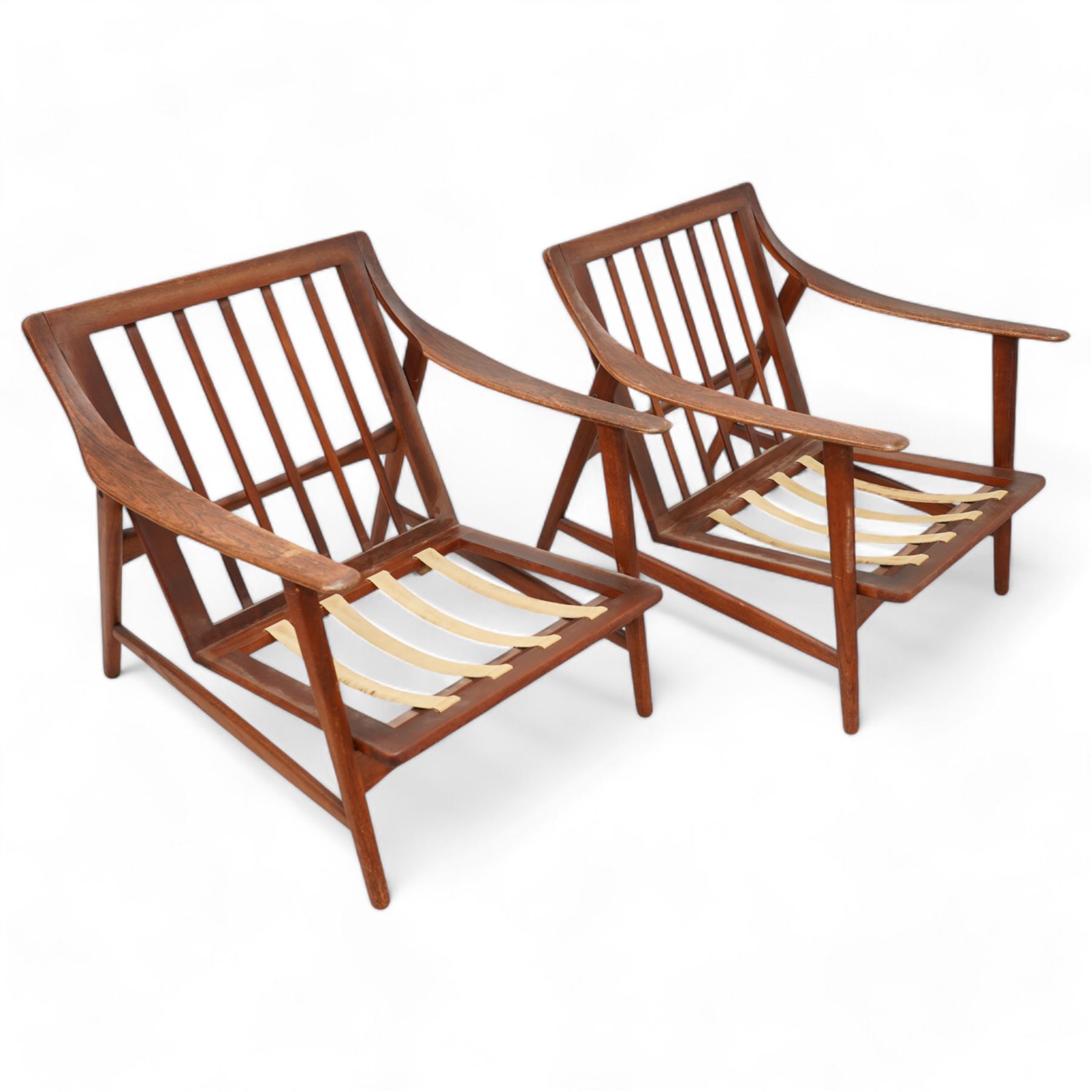  Arne Hovmand-Olsen (1919-1989) for Mogens Kold of Denmark - pair of mid-20th century teak open easy chairs, sprung loose cushions upholstered in loose foliate patterned burnt orange fabric, stamped to underside of chair