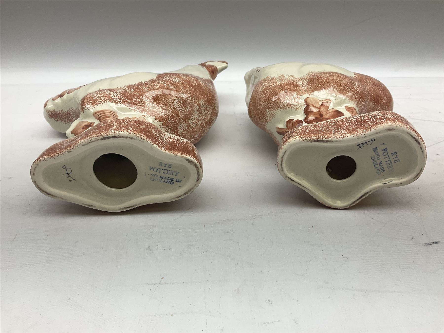 Six Rye Pottery figures, comprising, jumping fox, squirrel upon a branch, billy goat, bull, chicken and cockerel  