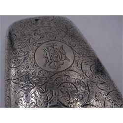 Late Victorian silver cigar case, of rectangular slightly curved form, with engraved scrolling decoration and monogram to central circular cartouche, with gilt interior, hallmarked Deakin & Francis Ltd, Birmingham 1897, H13cm