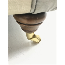 Alstons two seat Amberley sofa upholstered in grey and pale gold stripes, turned supports on castors (W195cm) and two matching armchairs (W92cm)