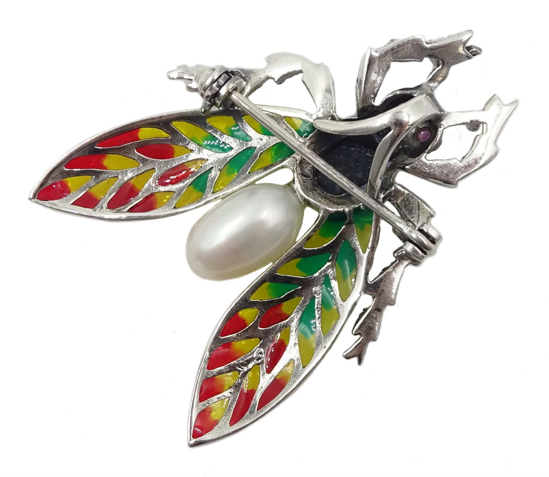 Silver plique-a- jour, pearl, opal and marcasite bug brooch, stamped 925 