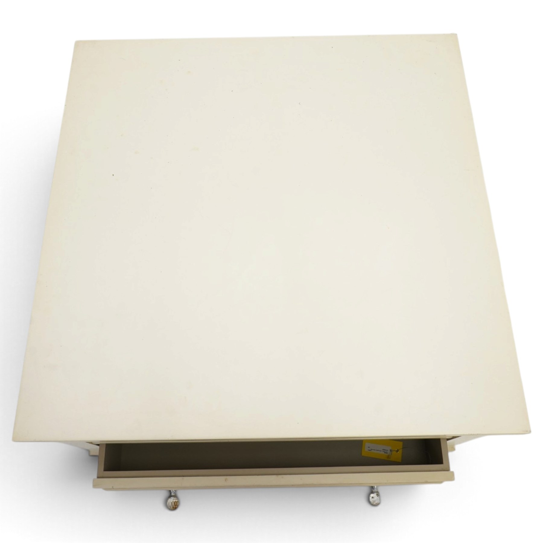 Laura Ashley - white coffee table, of square form, open recess above two drawers with glass knobs