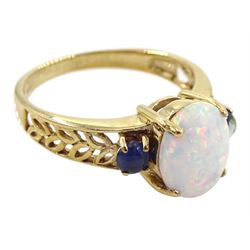 9ct gold three stone opal and sapphire ring, hallmarked
