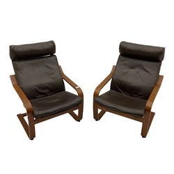 IKEA - Pair of Poang armchairs, medium wood frames with brown leather seat cushions