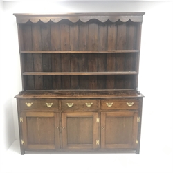 19th century oak dresser, raised two tier plate rack, above three drawers and three cupboards, stile supports, W182cm, H203cm, D47cm