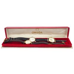 Two Omega ladies 9ct gold manual wind wristwatches, on on black leather strap and an Omega gold-plated manual wind wristwatch, on brown leather strap