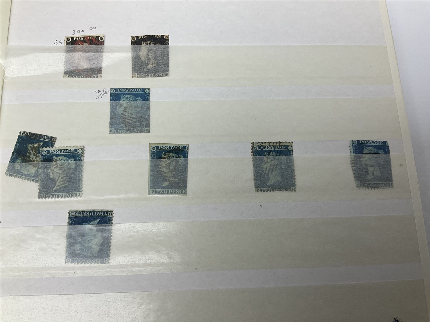 Mostly Great British Queen Victoria stamps, including penny black with black MX cancel, 1840 two pence blue with black cancel, imperf penny reds singles and pairs, perf penny reds stars and plates, various postmarks or cancels, penny reds on pieces or covers, halfpenny 'bantams', other QV issues with some higher values etc, housed in a blue stockbook