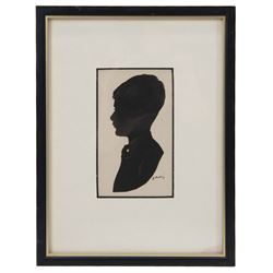 Capt. Harry Lawrence Oakley (British 1882-1960): Mother Father and Two Children, set of four family watercolour silhouettes highlighted in gold pen and pencil signed 11cm x 6cm (4)
Notes: Oakley born in Poppleton York, the son of a chemist who opened shops on Coney Street and Fulford Road. He showed talent for drawing and silhouette cutting from an early age and went on to study art at York School of Science and Art, Leeds School of Art and then the Royal College of Art in London where he was awarded the ARCA diploma in 1908.
He designed the 'Think' poster in collaboration with the North Eastern Railway company in York which then became an official war poster and was used throughout Britain, Australia and Canada. Oakley’s figure of the advancing soldier became an iconic image and was adapted and used in many forms. This success led to further commissions, including the “Remember” poster which was used to recruit men for the Royal Navy.
Oakley served in the Green Howards during the the First War. Each year, between 1920 and 1958, holidaymakers walking along the pier at Llandudno North Wales, could have stopped at a booth to have their silhouette portrait painted or cut by Mr H. L. Oakley, otherwise known as the 'Man with the Magic Scissors'.  