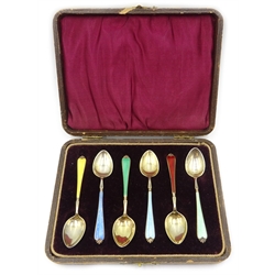  Set of six silver-gilt and enamel coffee spoons by Adie Brothers Ltd, Birmingham 1958, cased  