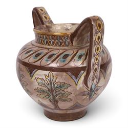 William De Morgan twin handled vase, sgraffito-decorated with turquoise and yellow trees, within a brown boarder, with a repeating floral boarder to the neck, with signed and impressed marks beneath, H21cm