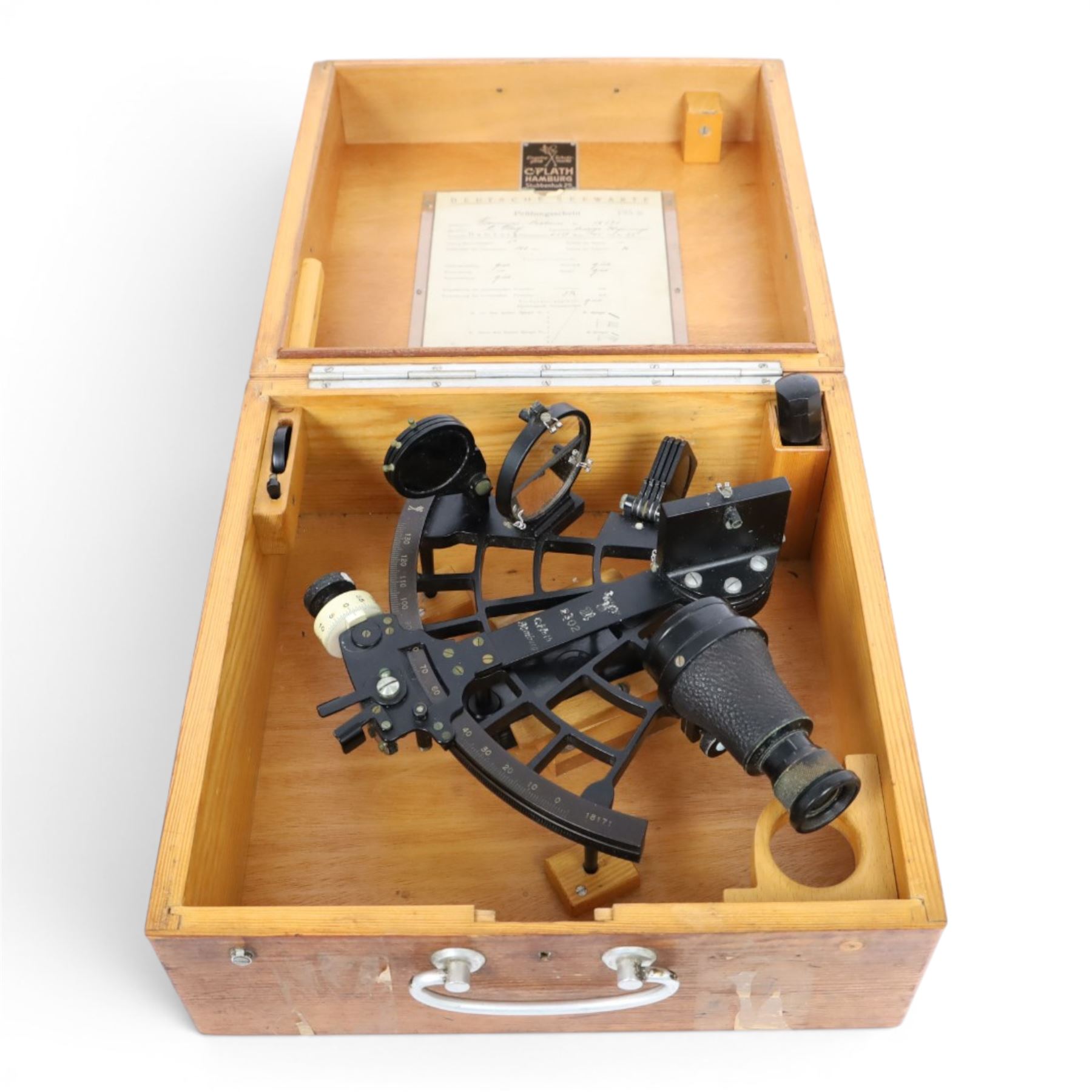 WWII Nazi German Kriegsmarine sextant by C. Plath, Hamburg, marked with impressed manufacturer’s logo, name and location, index arm stamped with Nazi eagle and swastika over Runic M, 2302, in original transit case with examine certificate by Deutsche Seewarte to the lid