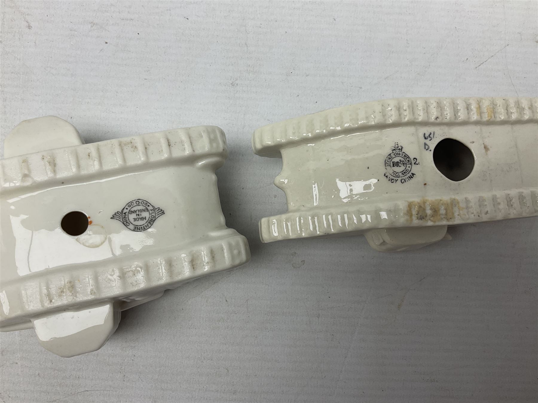 Twelve crested china models of WW1 tanks by Grafton, Arcadian and Carlton china etc with crests from Caistor Lincs, Saffron Walden, Paignton, Evesham etc  , together with a crested china model of the R.M.S Lusitania with New Brighton crest and a two-handled vase for 'The Forts Boxhill' (14)