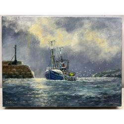 Jack Rigg (British 1927-2023): Whitby Trawler Returning Home, oil on canvas signed and dated 2017, 31cm x 41cm (unframed)