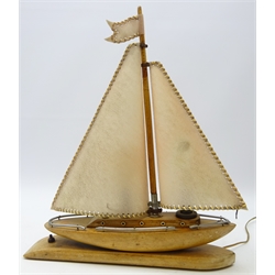  Art Deco table lamp modelled as a yacht with vellum sail & chrome mounts on oak base, H49cm   