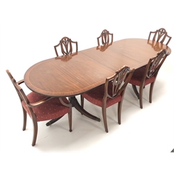 Regency style mahogany twin pedestal dining table on splayed supports (W198cm - 244cm, H75cm, D91cm) and six Hepplewhite style dining chairs (W59cm)
