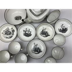 Early 19th century Staffordshire bat printed part tea service, decorated in black after Adam Buck with scenes of mother and child and other varying classical style scenes, within black bands, comprising teapot, slop bowl, jug, seven teacups and five saucers 