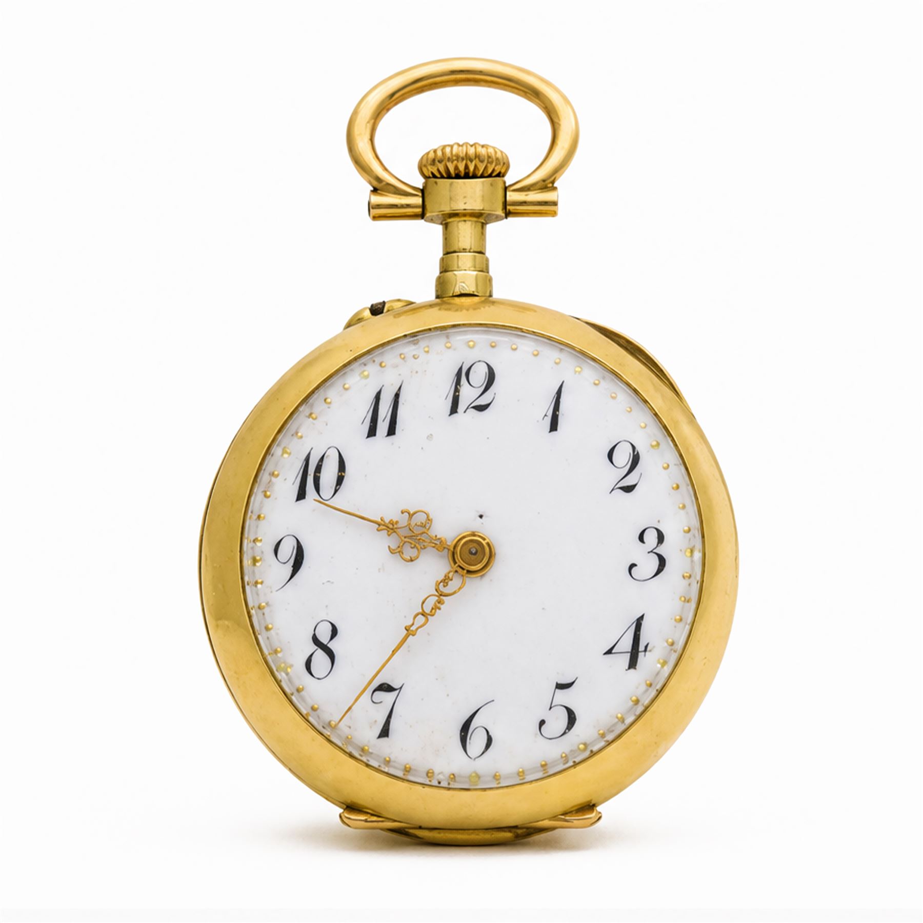 French 19th / early 20th century 18ct gold ladies cylinder fob watch, white enamel dial with Arabic hour markers, the back case set with rose cut diamonds, surrounded by embossed foliate decoration and engraved with initials 'D A', horses head hallmark