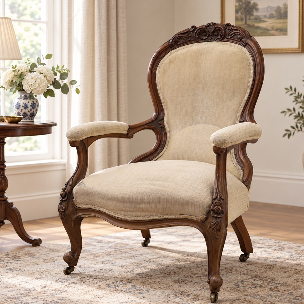 Late Victorian walnut open armchair, the carved shaped cresting rail centred by scrolls and foliage above a padded serpentine back and overstuffed seat upholstered in cream striped fabric, with padded scroll arms on open carved supports, raised on cabriole supports with carved knees and ceramic castors