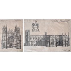 After Daniel King (British c.1616-1661): The South and West Prospects of Beverley Minster, pair 18th/19th century engravings 22cm x 32cm and 25cm x 18cm (2)