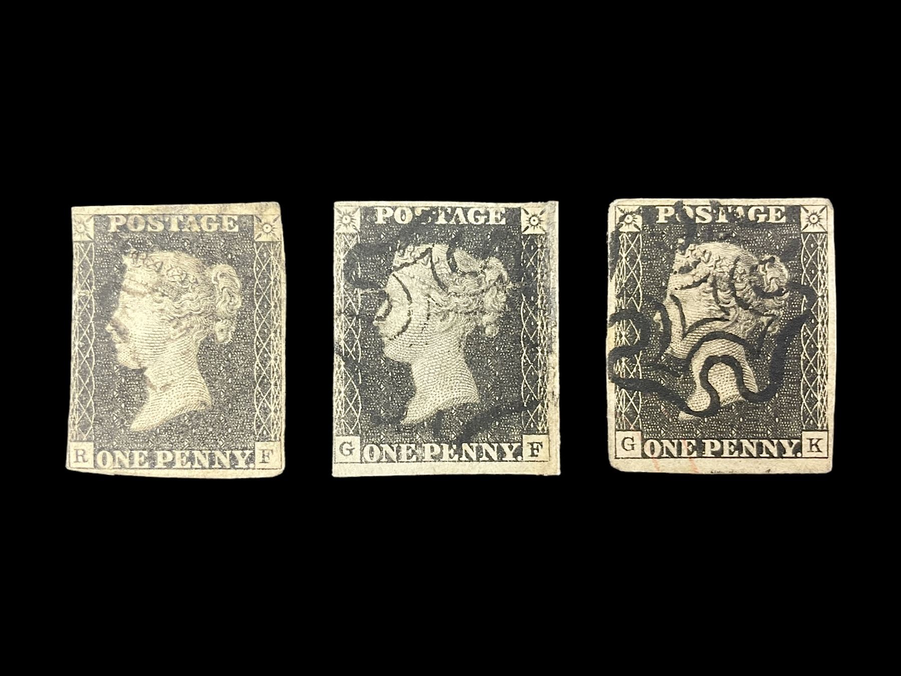 Three Great Britain Queen Victoria penny black stamps, all with black MX cancels