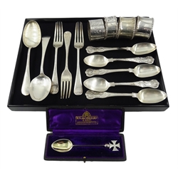  Five Victorian silver teaspoons, King pattern by The Portland Co (Francis Higgins III) London 1860/61, later flatware by Viner's Ltd, Sheffield 1922, four silver napkin rings and one other teaspoon, approx 16.5oz  