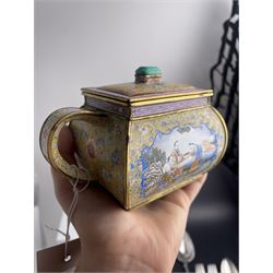 Chinese Qianlong enamel bombé shaped teapot, decorated with scenes of scholars examining a scroll and drinking on a yellow ground with various traditional floral and foliate motifs, the painted scene framed within trailing blue vine border, with Qianlong marks to base L15cm
