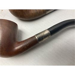 Collection of eight silver mounted pipes, comprising a briar wood Imperial ITC example with silver collar hallmarked A.W Birmingham 1903, horn handled example with silver collar hallmarked LB, probably Louis Blumfeld, Birmingham 1900, three examples marked B.W, one marked Globe A.O.C, Blumfeld's Best Briar pipe marked BBB and Riseagle example, together with two further pipes (10)