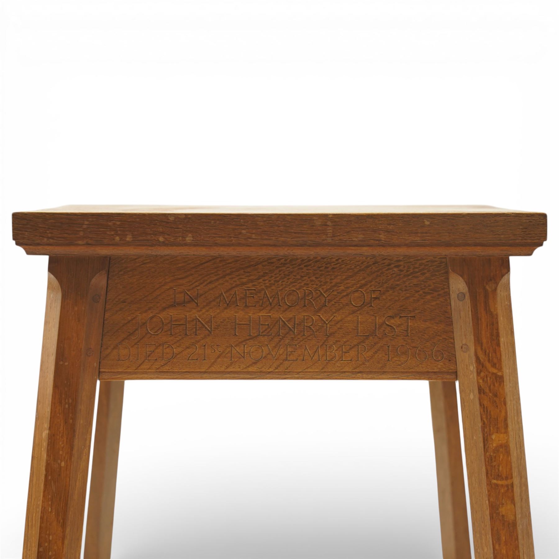 Mouseman - square lightly adzed oak lamp table, with memorial inscription, from Clifton Methodist Church, on octagonal supports with carved mouse by the workshop of Robert 'Mouseman' Thompson