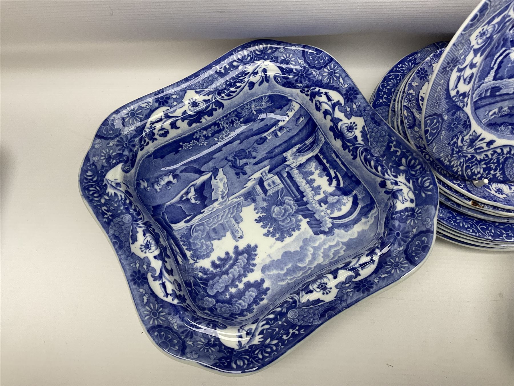 Copeland Spode Italian pattern tea and dinner wares, including hor d'oeuvres dish, tureen and cover, coffee pot, six coffee cans and saucers, etc, all with blue printed marks beneath (40)