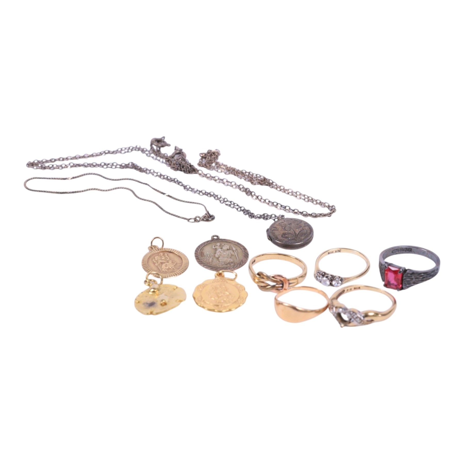 12ct gold signet ring, 9ct jewellery including knot ring, paste ring, ring shank and two St Christophers and a silver locket and ring