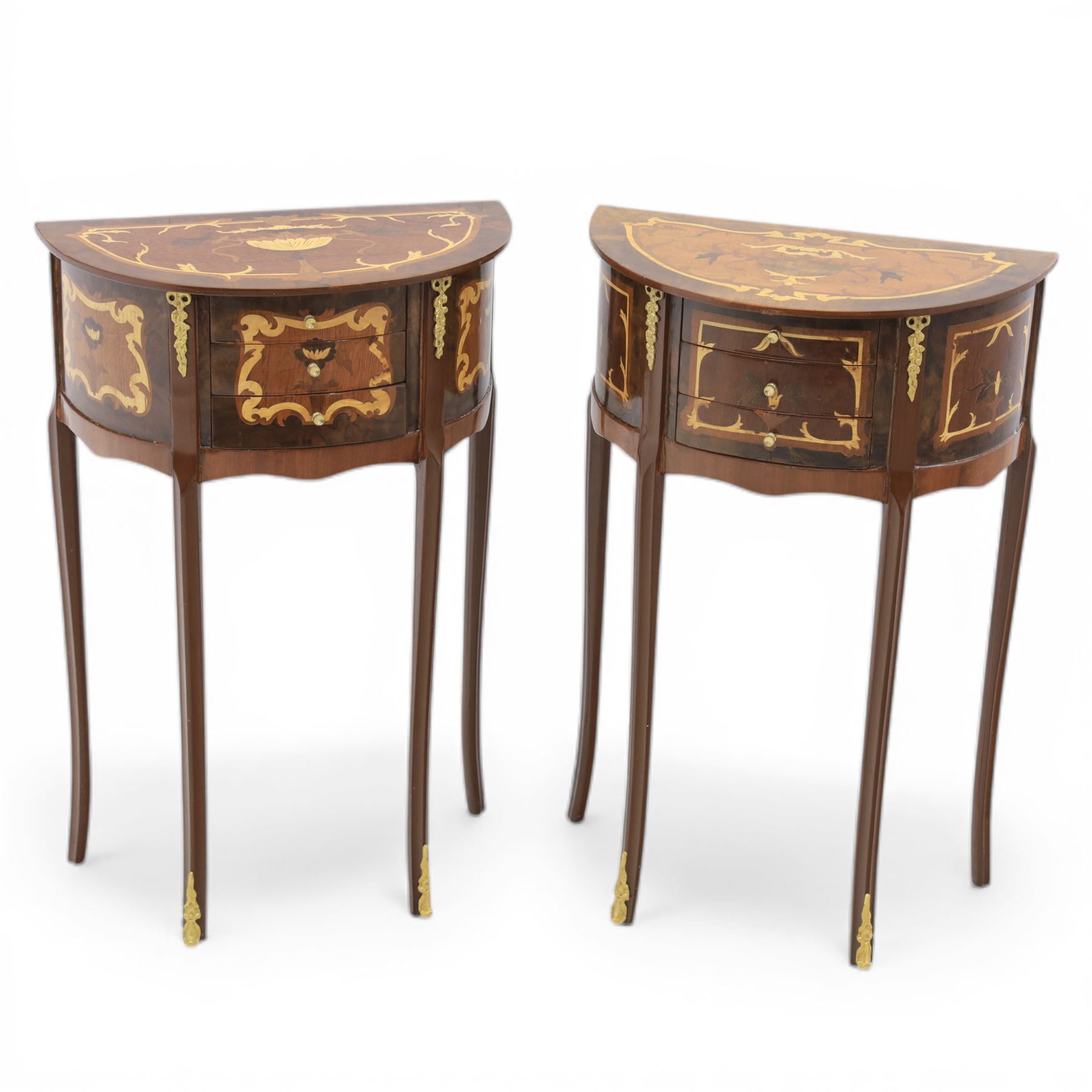 Pair of French style marquetry demi lune bedside tables, inlaid marquetry above three drawers, with applied gilt mounts to the long tapering front supports 
