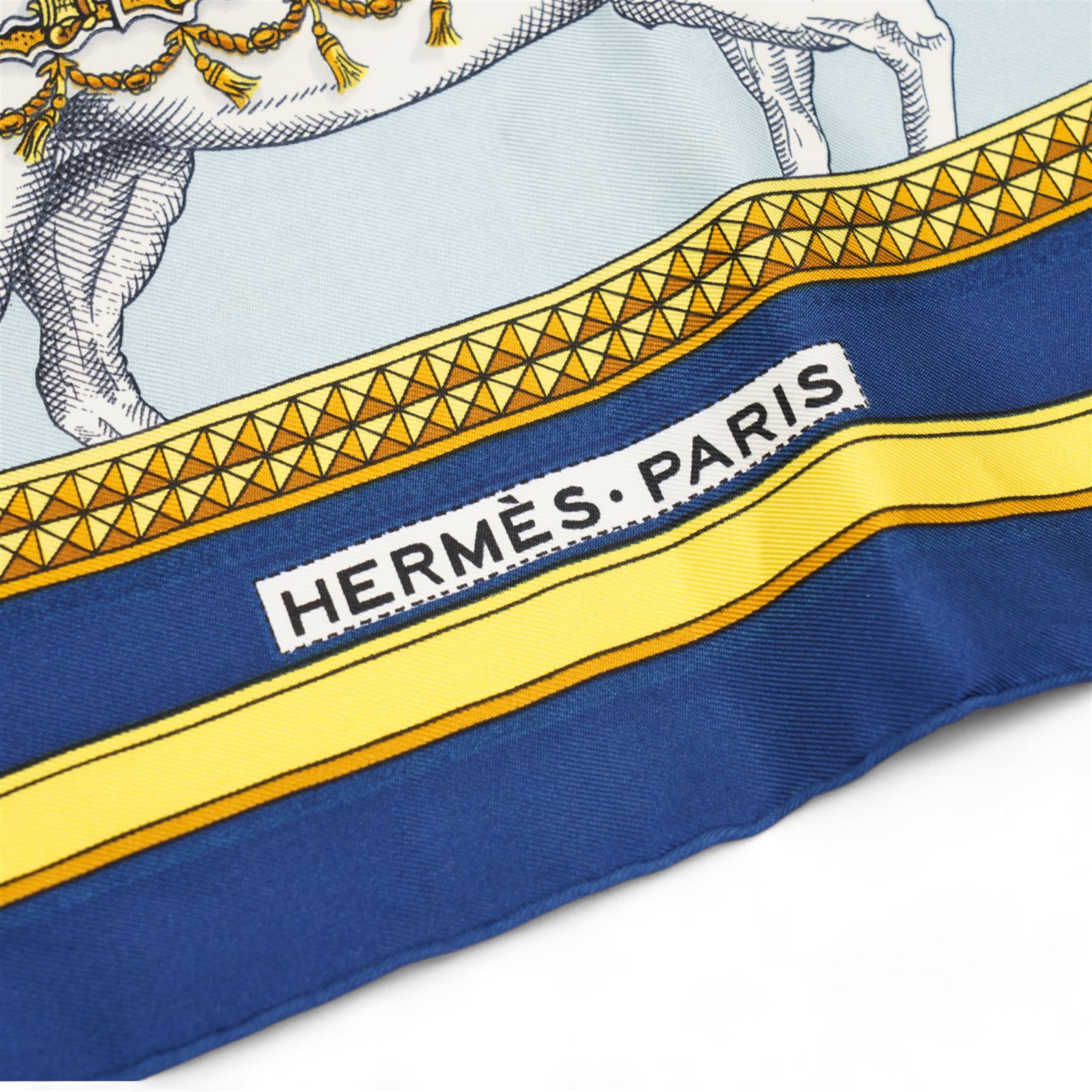 Hermes 'Grand Apparat' silk scarf in navy blue colourway, designed by Jacques Eudel, 90cm x 90cm 