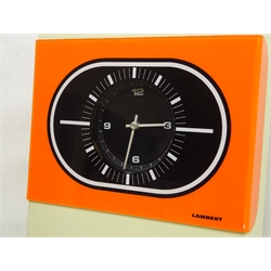 1970's French Lambert electric Time Clock with 24 hour dial in metal casing with laminated acrylic panel, H55cm, W37cm x D11cm  