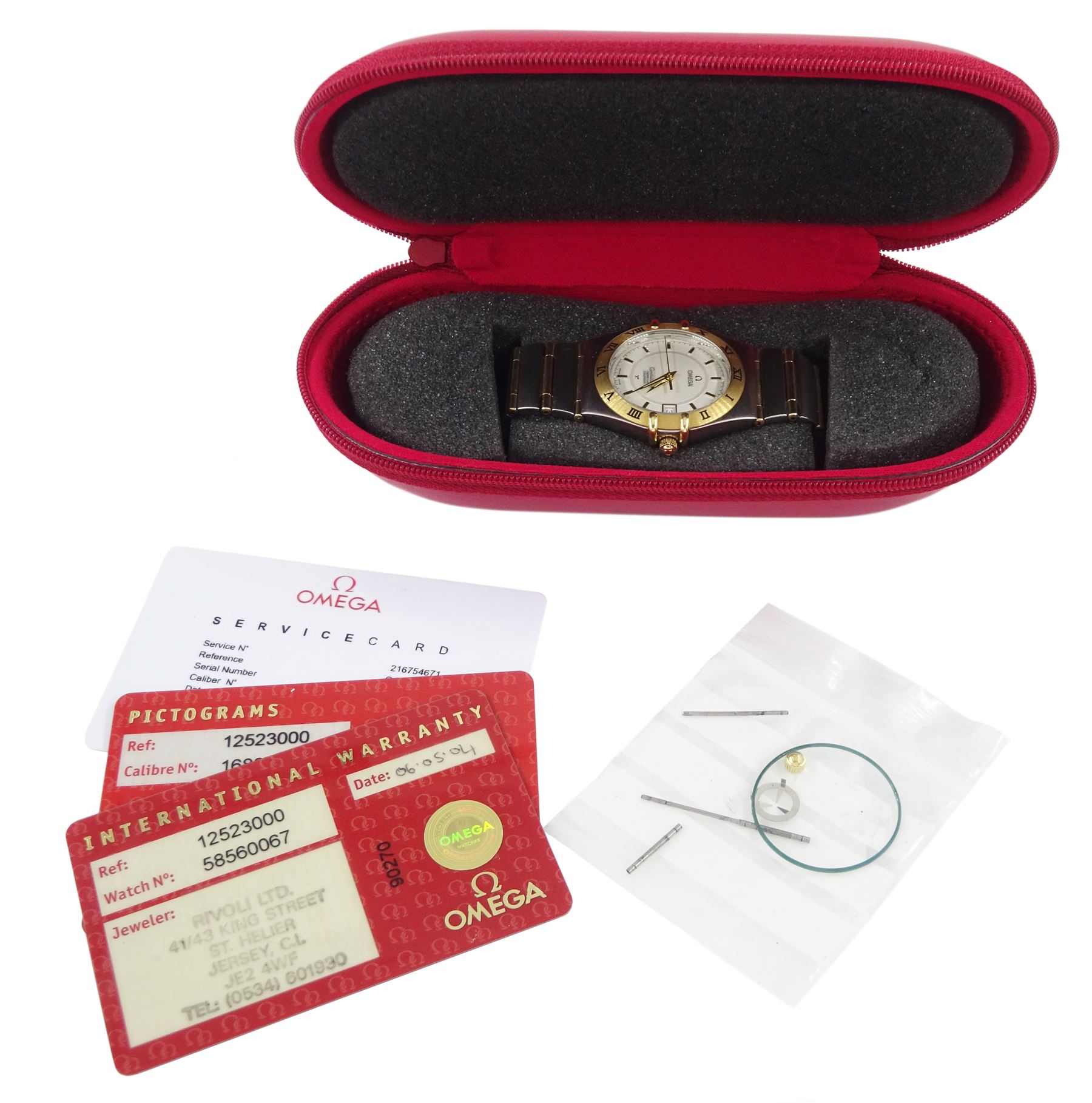 Omega Constellation gentleman's gold and stainless steel quartz wristwatch, Cal. 1680, Ref. 1252.30.00, silvered dial with baton hour markers,  on integral gold and stainless steel bracelet, with fold-over clasp, with warranty card dated 2004