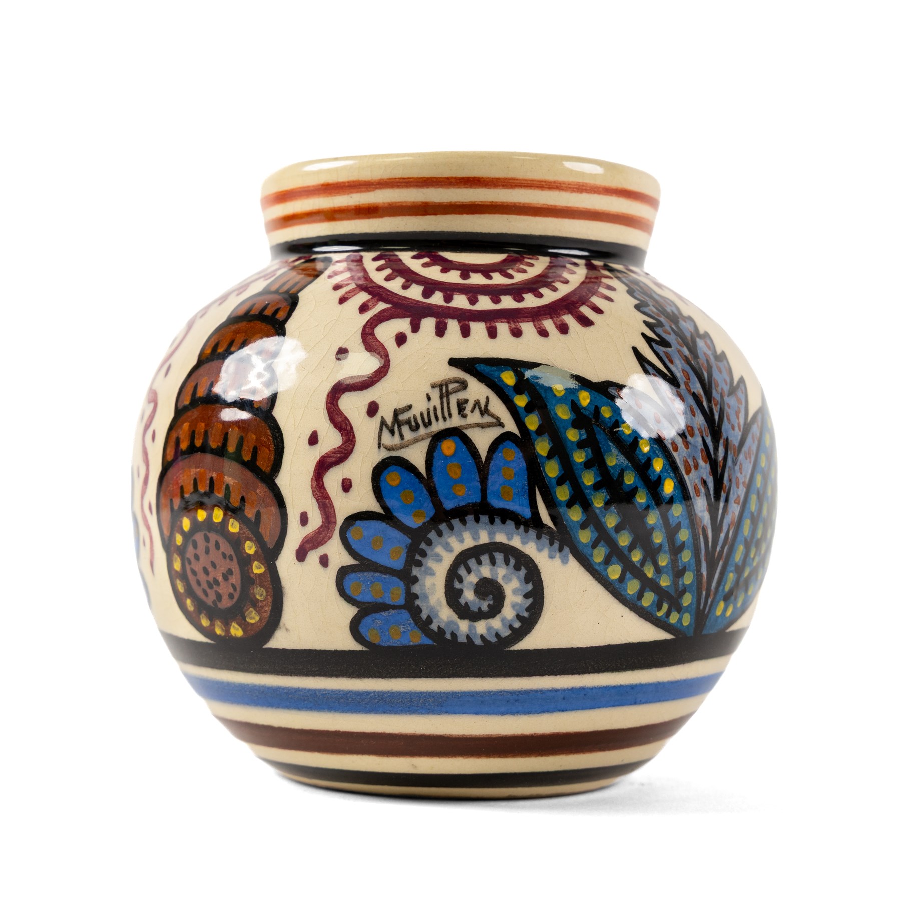Paul Fouillen for Quimper pottery, decorated with stylised flowers, in blue and purple tones in cream tones, H14cm