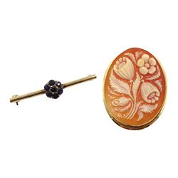 18ct gold cameo flower design brooch, stamped 750 and a 9ct gold sapphire cluster brooch, London 1988