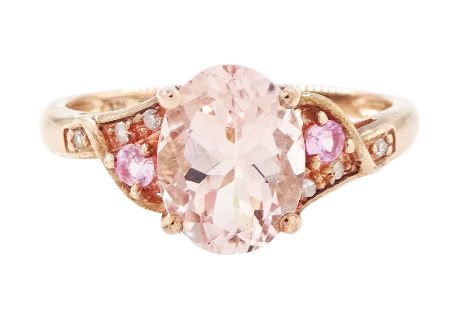 9ct rose gold morganite, pink sapphire and diamond ring, single oval cut morganite, with diamond and pink sapphire set shoulders, hallmarked