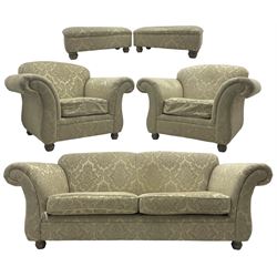 Traditional design three-piece lounge suite - three-seat sofa (W220cm, H90cm, D90cm); two armchairs (W115cm); and two footstools (77cm x 43cm, H31cm); upholstered in cream damask fabric