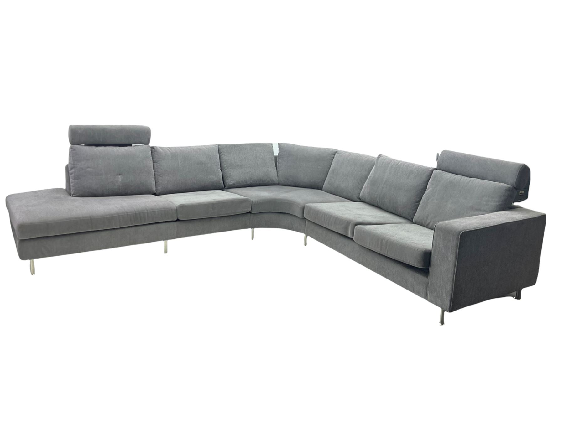 BoConcept 'Indivi 2' corner lounge sofa in grey Matera fabric, three sections with two moveable headrests and brushed steel supports designed by Anders Nørgaard 